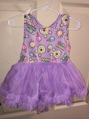 Kids Purple Tutu Dress - Cute Bear & Ice Cream Print